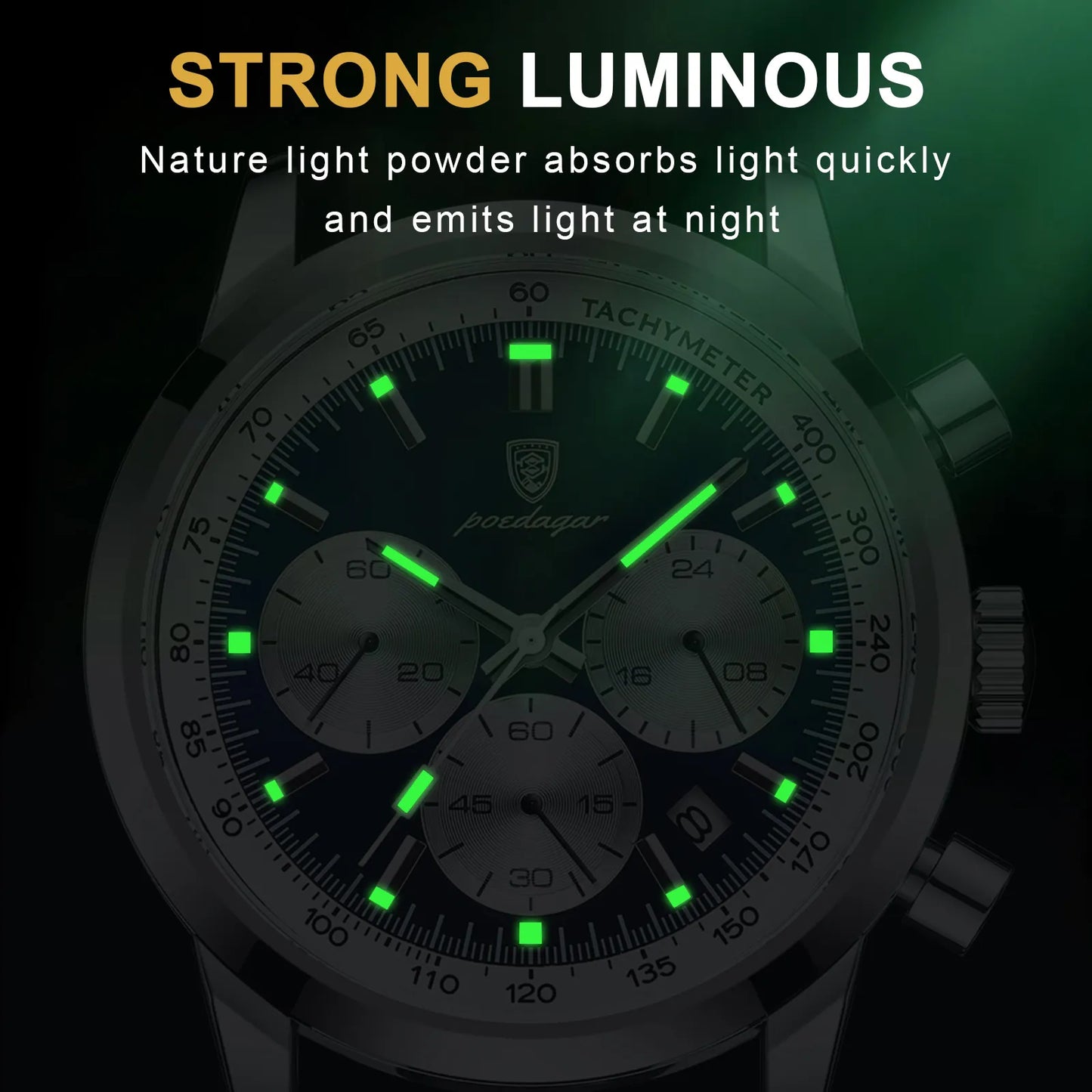 Poedagar relógio masculino de luxo, alta qualidade, à prova d'água, cronógrafo luminoso, relógio de pulso masculino de couro, relógios de quartzo, relógio casual