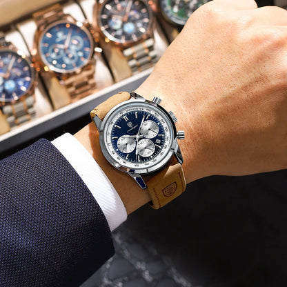 Poedagar relógio masculino de luxo, alta qualidade, à prova d'água, cronógrafo luminoso, relógio de pulso masculino de couro, relógios de quartzo, relógio casual